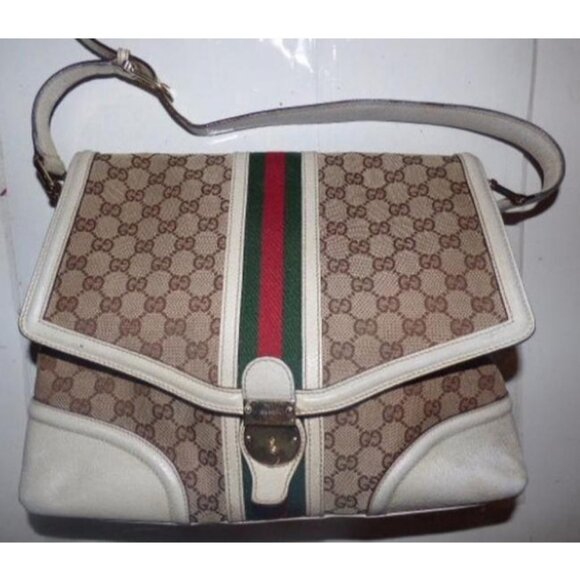 Gucci Vintage Envelope Style Purse White and Brown Leather Red Green Stripe - Picture 3 of 6